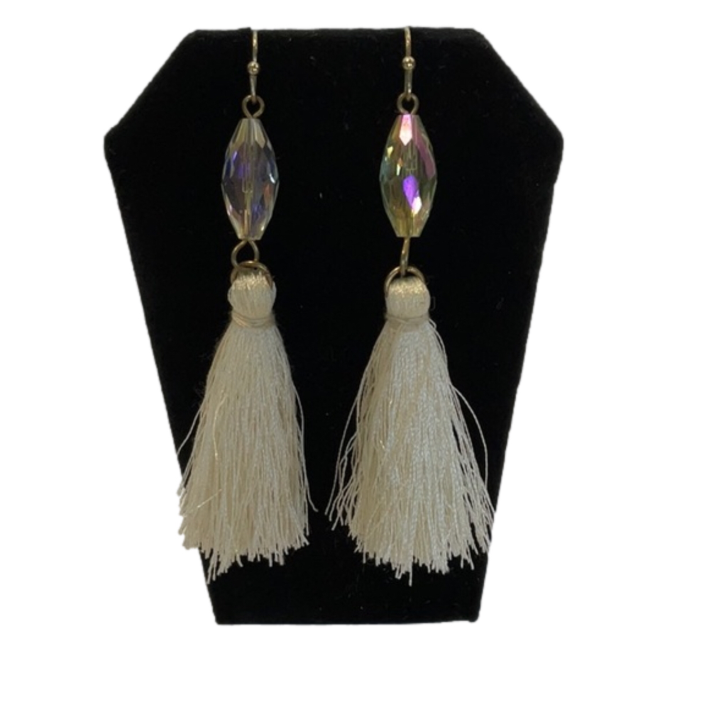 Earrings White Tassel with Iridescent Bead with Gold Tone
